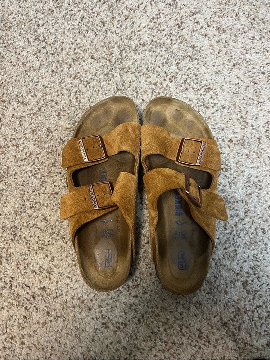 Birkenstock Shoes - Birkenstock Womenss Arizona Suede Two-Strap Sandal - Tan/Brown